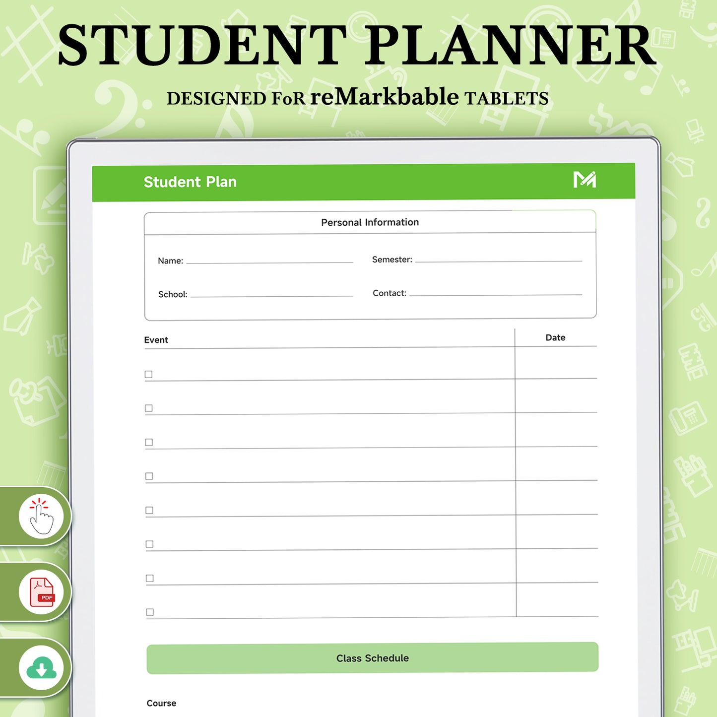 ReMarkable Paper Pro Templates, Student Planner