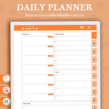 ReMarkable Paper Pro Templates, Daily Planner 2025