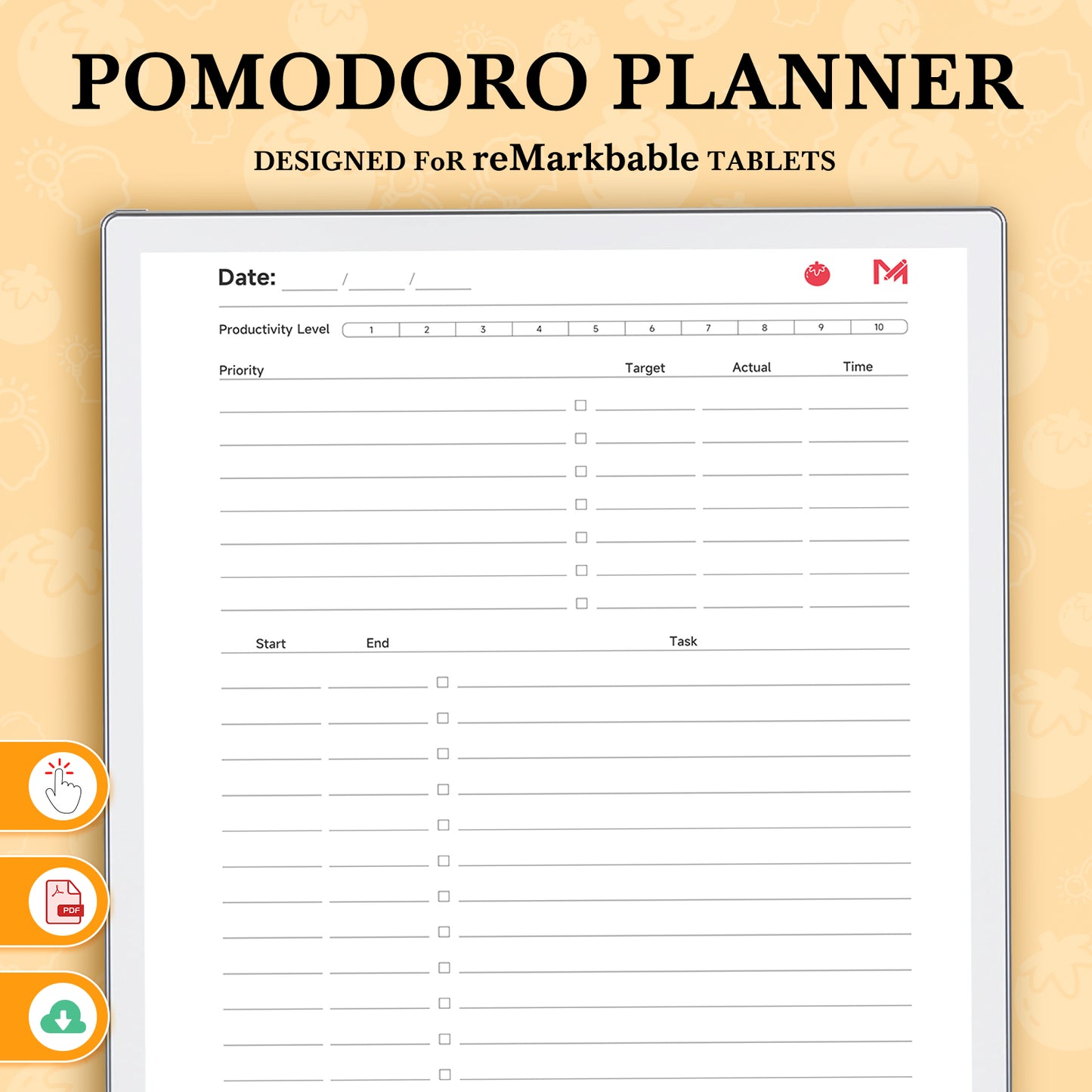 ReMarkable Paper Pro Templates, Pomodoro Planner