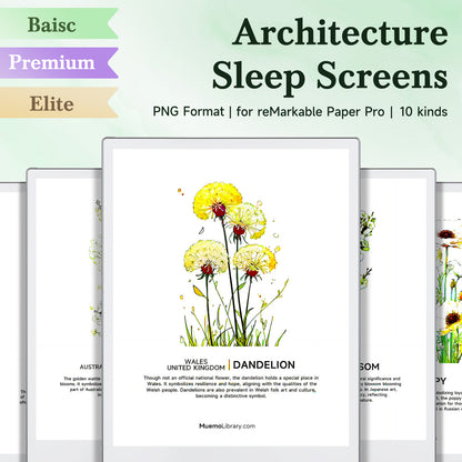 ReMarkable Paper Pro Sleep Screens, 10 PNG National Flowers