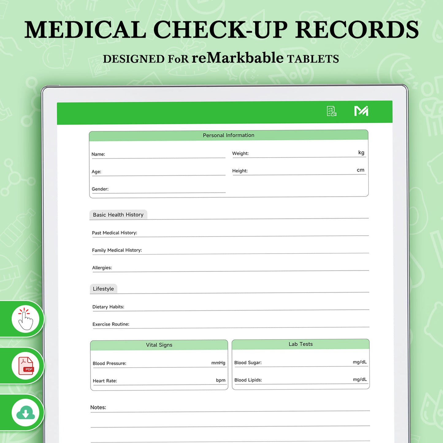 ReMarkable Paper Pro Templates, Medical Check-up Records