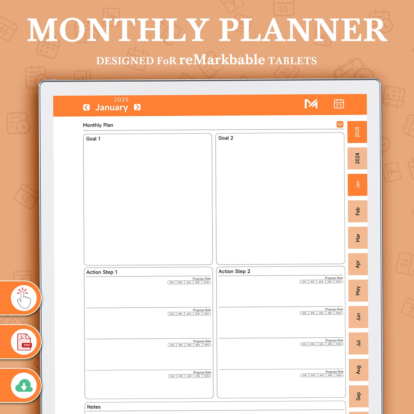 ReMarkable Paper Pro Templates, Monthly Planner 2025