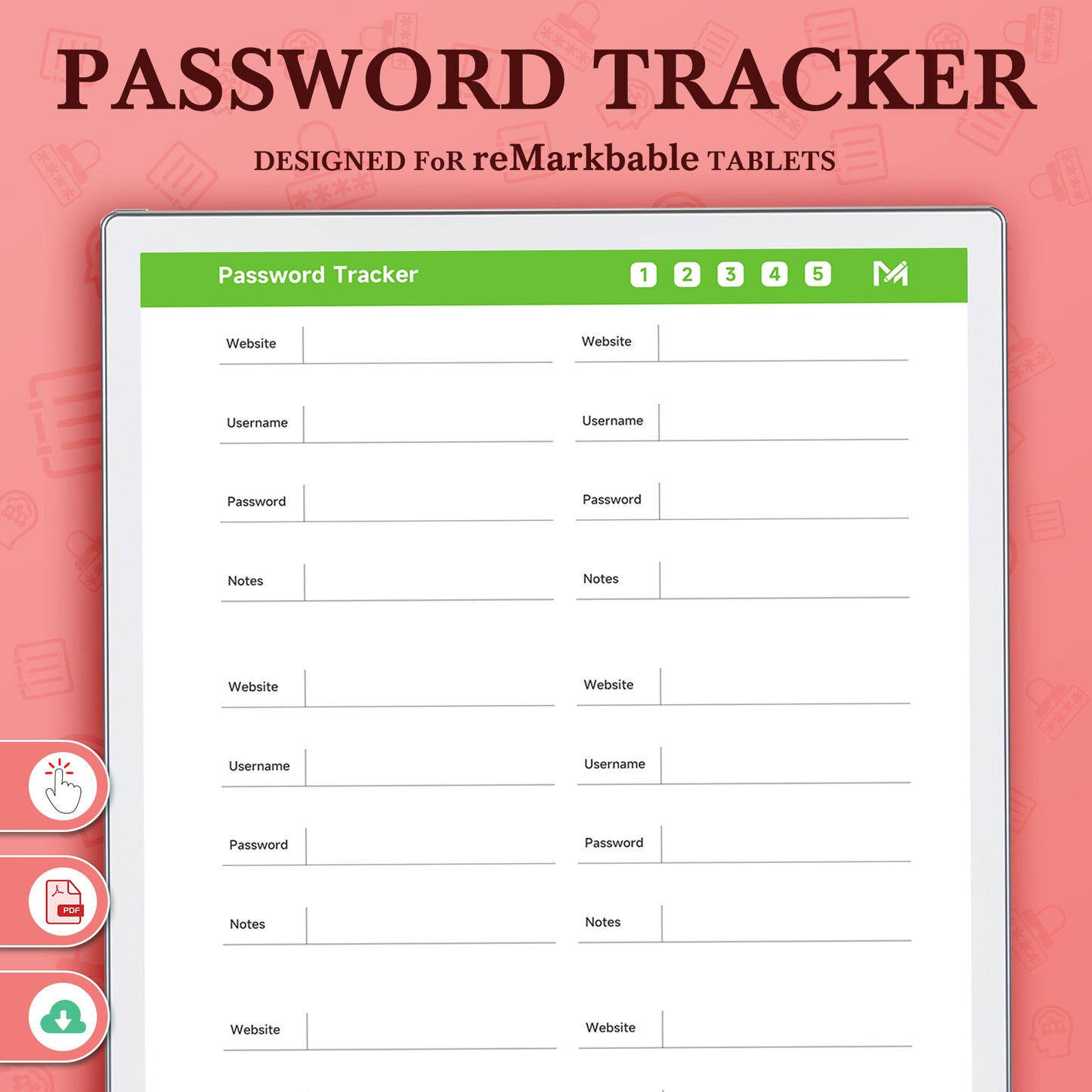 ReMarkable Paper Pro Templates, Password Tracker