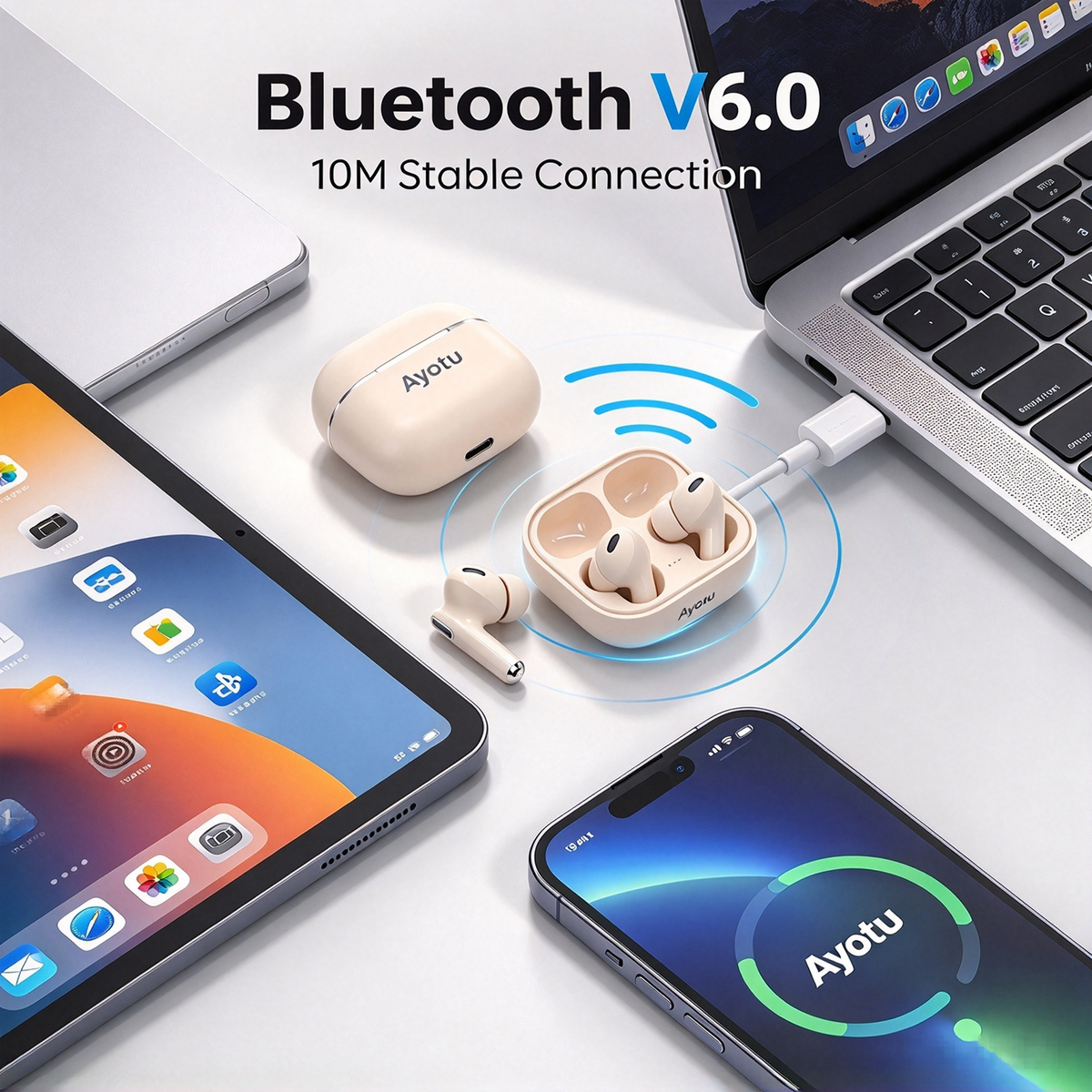 Ayotu True Wireless Earbuds, Bluetooth V6.0 Wireless Earphones with LIVE‑Level Spatial Stereo Sound, Type‑C Charging, 10M Stable Connection, Compatible with iOS Android Windows