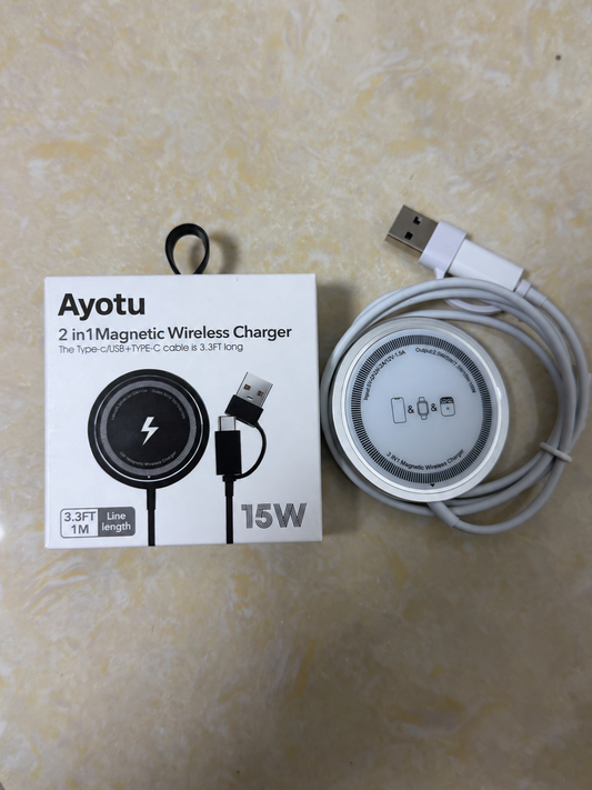 Ayotu 2‑in‑1 Magnetic Wireless Charger, 15W Max Fast Mag‑Safe Charging Pad, with 3.3FT (1M) Dual‑Head USB‑A & Type‑C Convertible Cable, Metal PVC Compact Wireless Charger for Mag‑Safe iPhone & Wireless Charging Earbuds