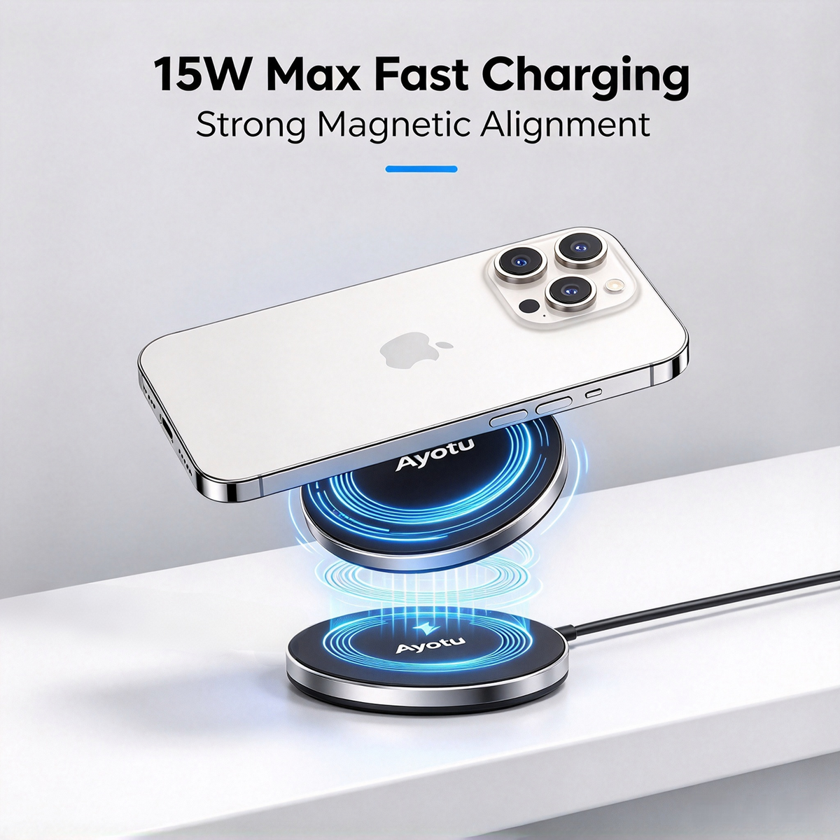 Ayotu 2‑in‑1 Magnetic Wireless Charger, 15W Max Fast Mag‑Safe Charging Pad, with 3.3FT (1M) Dual‑Head USB‑A & Type‑C Convertible Cable, Metal PVC Compact Wireless Charger for Mag‑Safe iPhone & Wireless Charging Earbuds