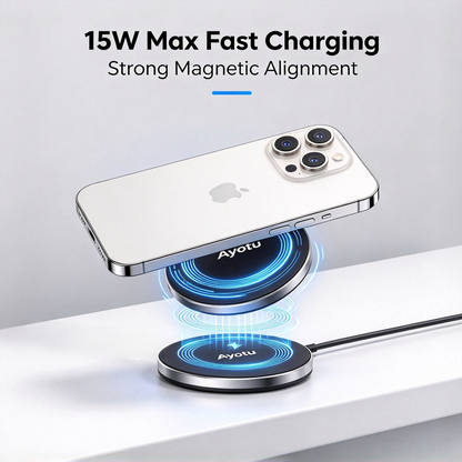 Ayotu 2‑in‑1 Magnetic Wireless Charger, 15W Max Fast Mag‑Safe Charging Pad, with 3.3FT (1M) Dual‑Head USB‑A & Type‑C Convertible Cable, Metal PVC Compact Wireless Charger for Mag‑Safe iPhone & Wireless Charging Earbuds