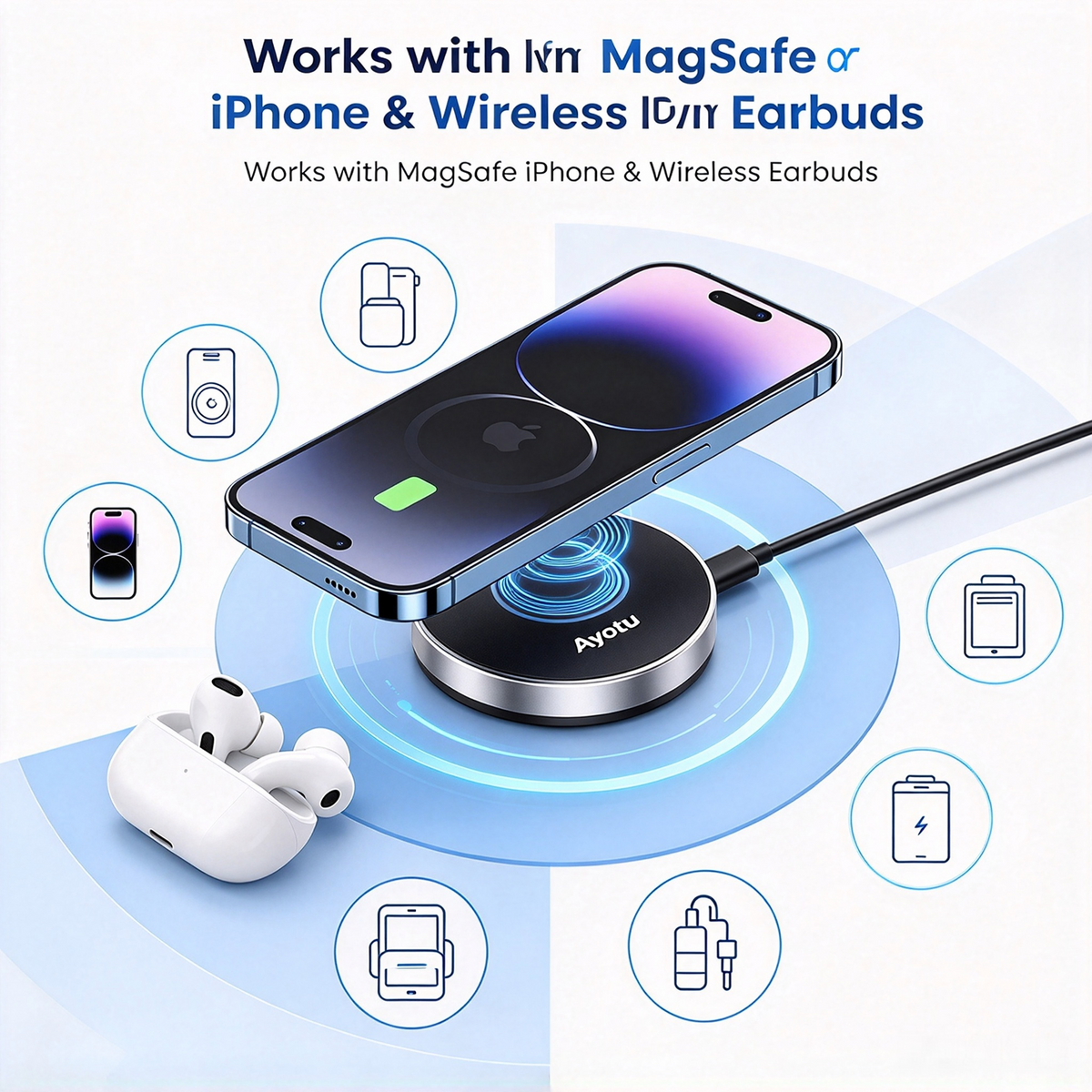 Ayotu 2‑in‑1 Magnetic Wireless Charger, 15W Max Fast Mag‑Safe Charging Pad, with 3.3FT (1M) Dual‑Head USB‑A & Type‑C Convertible Cable, Metal PVC Compact Wireless Charger for Mag‑Safe iPhone & Wireless Charging Earbuds