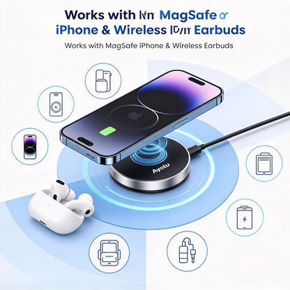 Ayotu 2‑in‑1 Magnetic Wireless Charger, 15W Max Fast Mag‑Safe Charging Pad, with 3.3FT (1M) Dual‑Head USB‑A & Type‑C Convertible Cable, Metal PVC Compact Wireless Charger for Mag‑Safe iPhone & Wireless Charging Earbuds