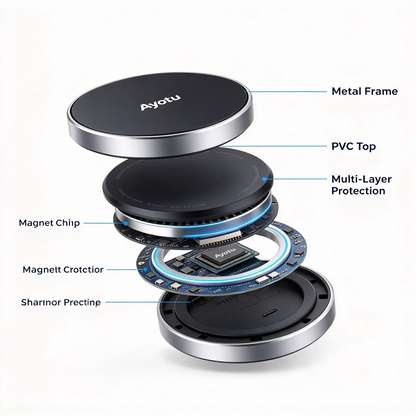 Ayotu 2‑in‑1 Magnetic Wireless Charger, 15W Max Fast Mag‑Safe Charging Pad, with 3.3FT (1M) Dual‑Head USB‑A & Type‑C Convertible Cable, Metal PVC Compact Wireless Charger for Mag‑Safe iPhone & Wireless Charging Earbuds