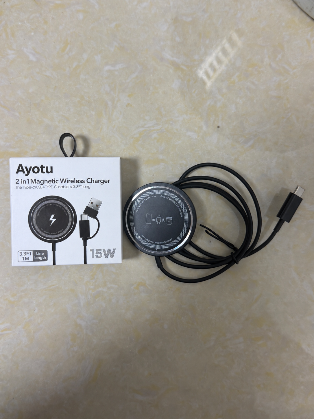 Ayotu 2‑in‑1 Magnetic Wireless Charger, 15W Max Fast Mag‑Safe Charging Pad, with 3.3FT (1M) Dual‑Head USB‑A & Type‑C Convertible Cable, Metal PVC Compact Wireless Charger for Mag‑Safe iPhone & Wireless Charging Earbuds