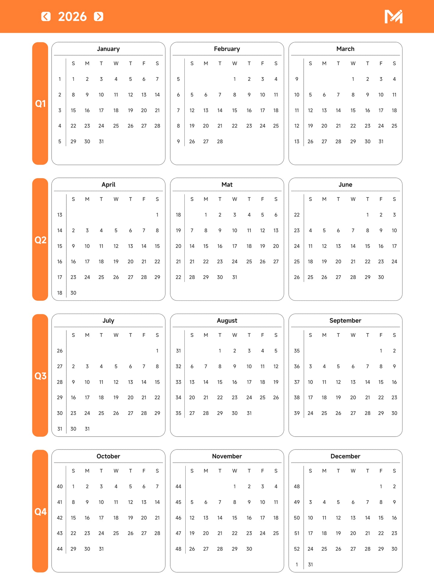 2026 Monthly Calendar (Important Dates) - Compatible with reMarkable 2, Paper Pro & Paper Pro Move